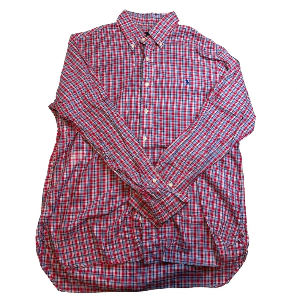 Polo Ralph Lauren‎ Mens Large Plaid Button Down Shirt Red Blue Cotton